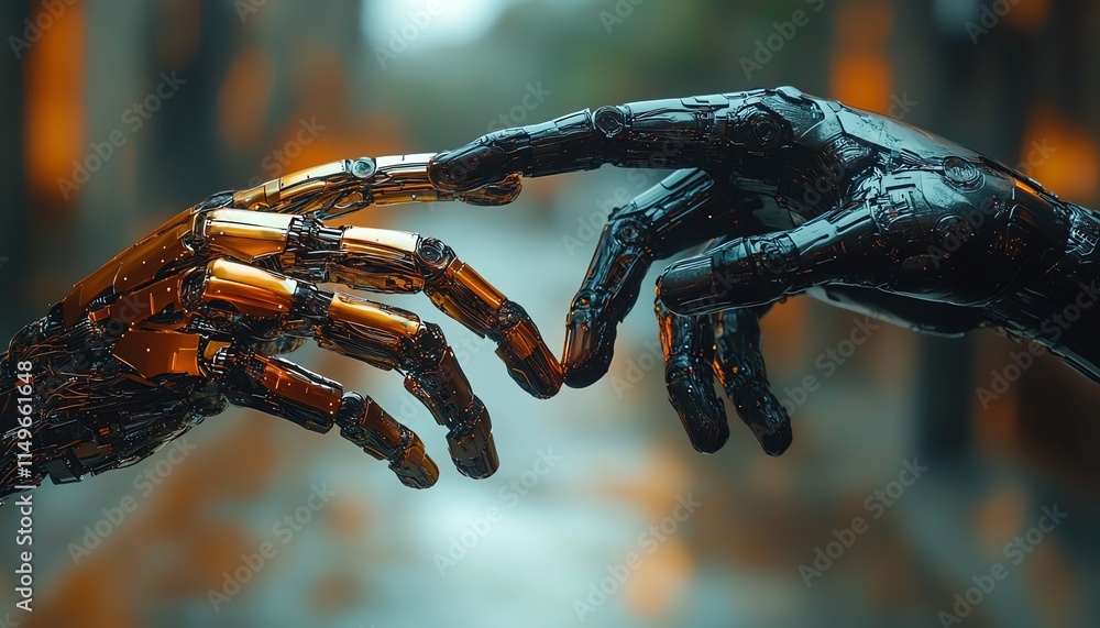 Poster closeup of two hands almost touching, representing the convergence of artificial intelligence and hu