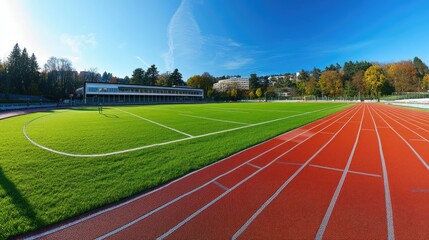 Obraz premium Vast Athletic Field with Track and Lush Green Grass Under Blue Sky