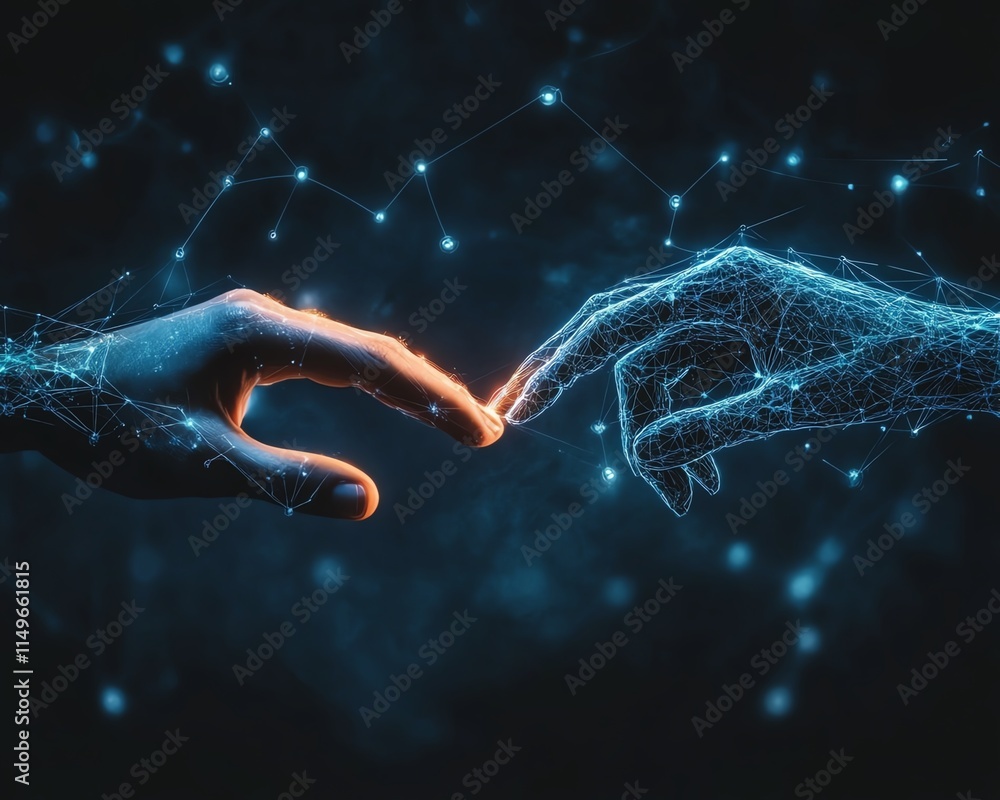 Poster futuristic business concept with two hands reaching towards each other, symbolizing the interaction 