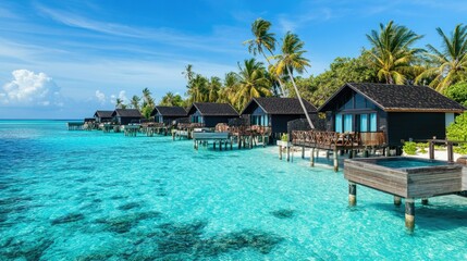 Overwater Bungalows Surrounded by Turquoise Waters and Palm Trees