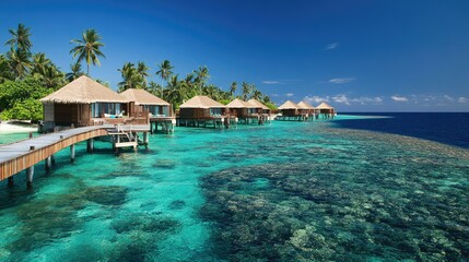 Obraz premium Tranquil Overwater Bungalows Surrounded by Clear Tropical Waters
