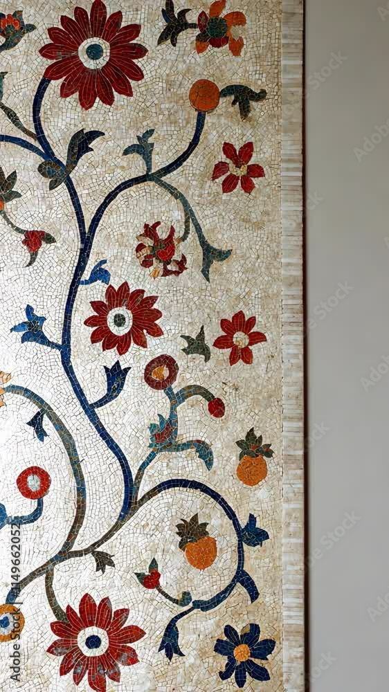 Poster decorative mosaic design featuring colorful floral patterns and intricate details on a light backgro