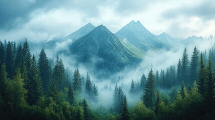 Obraz premium Misty mountains, evergreen forest, serene landscape.