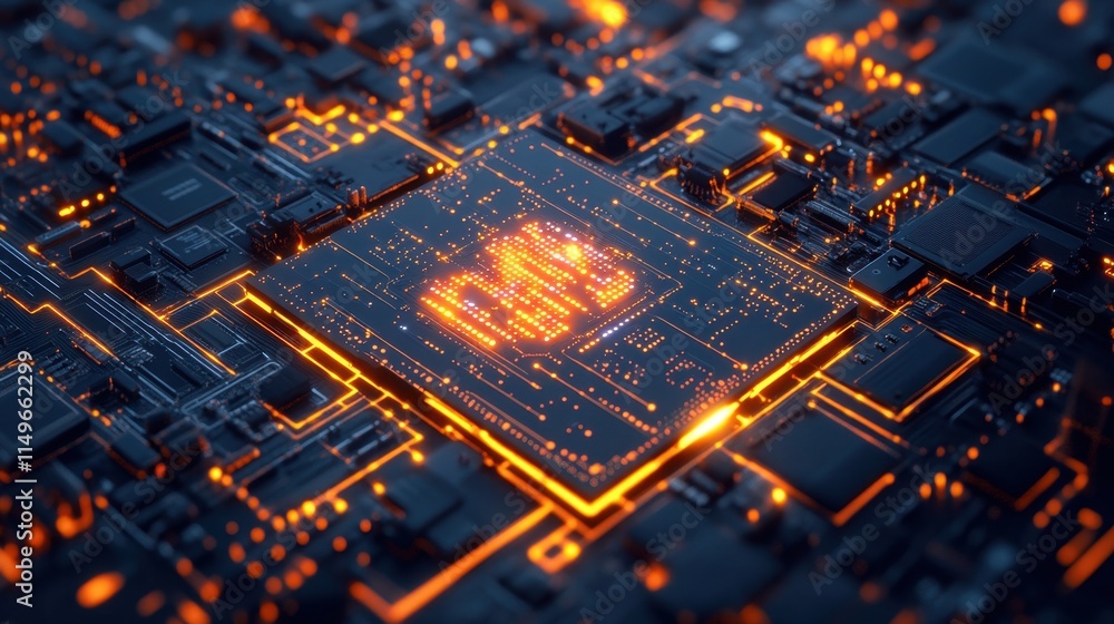 Poster futuristic circuit board with glowing elements and complex patterns