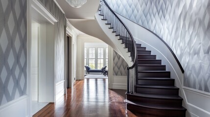 Obraz premium Elegant Interior Hallway with Curved Staircase and Natural Light