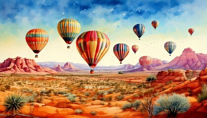 Naklejka premium Watercolor hot air balloon festival in a desert with colorful, patterned balloons