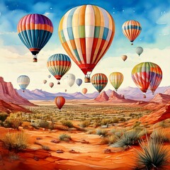 Obraz premium Watercolor hot air balloon festival in a desert with colorful, patterned balloons