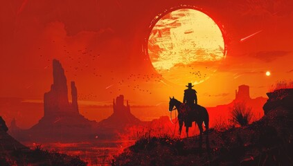 Naklejka premium A cowboy riding a horse in silhouette against a desert landscape sunset background, with copy space. Generative AI