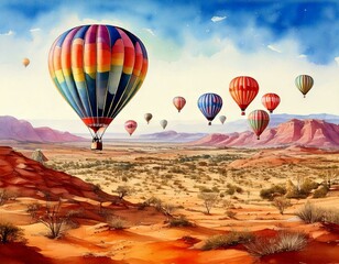 Obraz premium Watercolor hot air balloon festival in a desert with colorful, patterned balloons