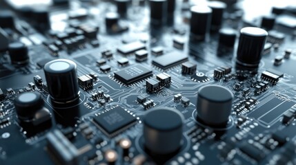 Close-Up View of Electronic Circuit Board with Microchips and Capacitors