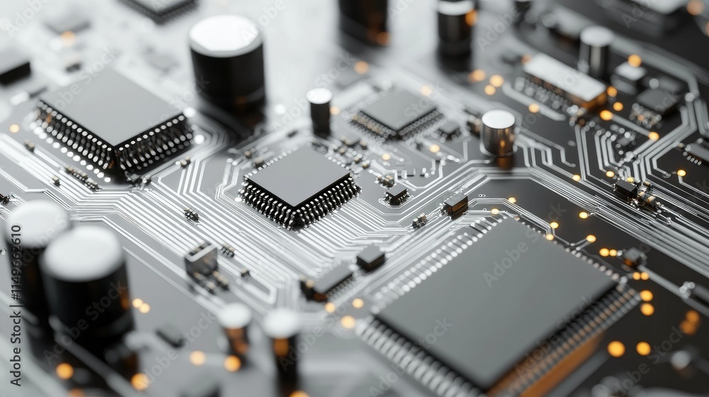 Poster close-up view of circuit board with microchips and electrical components