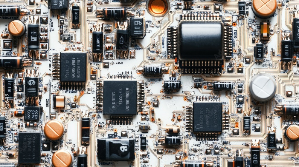 Poster close-up view of complex electronic circuit board with components