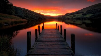 Fototapeta premium Serene wooden dock on tranquil lake at vibrant sunset.