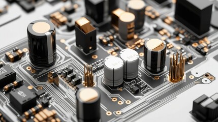 Close-up View of Electronic Circuit Board with Metallic Components
