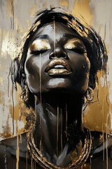 Oil Painting of African Woman with Golden Jewelry and Warm Metallic Aura