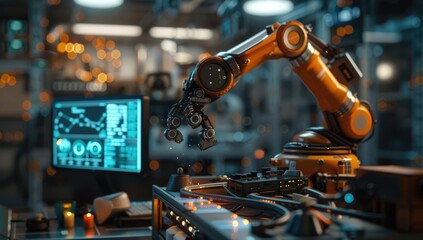 Robotic Arm Assembling Products in High-Tech Factory for Industrial Automation