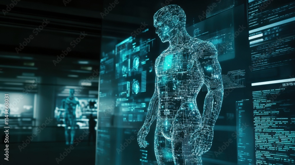 Aufkleber futuristic digital human figure with data visualizations in background