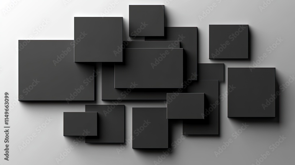 Poster abstract composition of black rectangles and squares on gray background