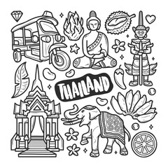 Naklejka premium Charming Thailand Doodle Featuring Temples, Elephants, and Tropical Vibes