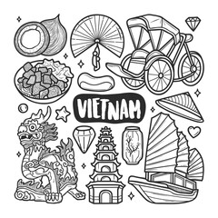 Hand-Drawn Vietnam Doodle Featuring Rice Fields and Traditional Hats