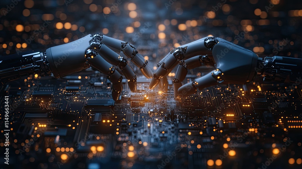 Poster futuristic robot hands touching circuit board in digital environment