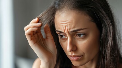 Obraz premium Woman with Concerned Expression Touching Hair in Soft Natural Light