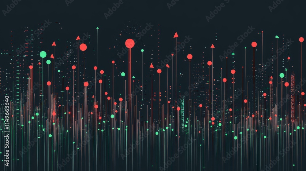 Poster abstract data visualization with colorful dots and lines on dark background