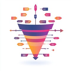 A funnel with many different colored arrows pointing in different directions. The funnel is a representation of a marketing funnel