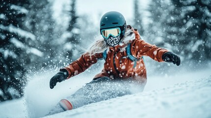 Snowboarder Carving Through Powder Snow in Winter Wonderland