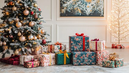 Christmas Gifts Under Decorated Tree with Lights and Ornaments