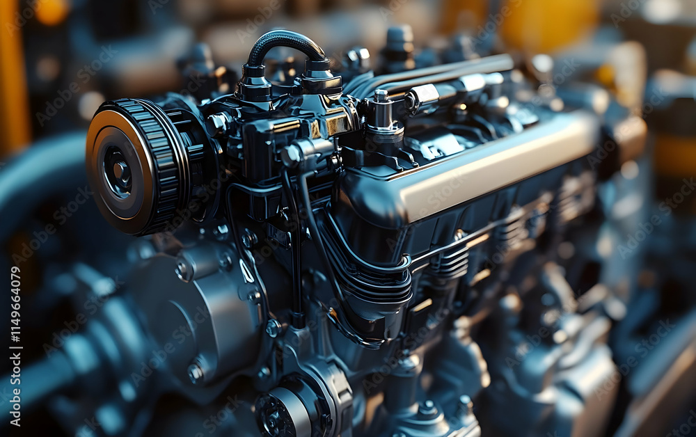 Poster a detailed close-up of a mechanical engine showcasing intricate components and design.