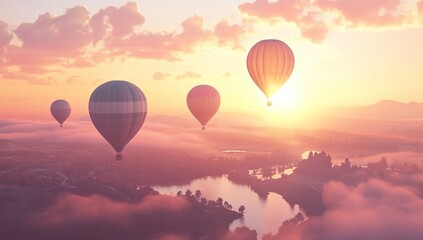 Naklejka premium Hot Air Balloons Soaring Above Misty River Valley at Sunrise, a Breathtaking Aerial View
