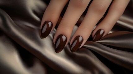 Elegant Brown Nail Design on Satin Fabric with Glossy Finish