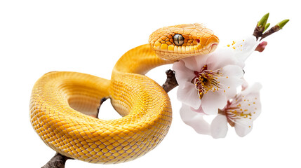 Fototapeta premium A golden snake coiling around a branch of plum blossoms, isolated on white 