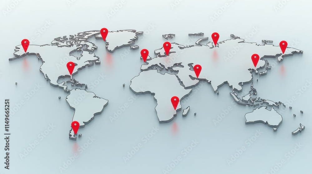 Poster 3d world map with location markers highlighting various global regions.