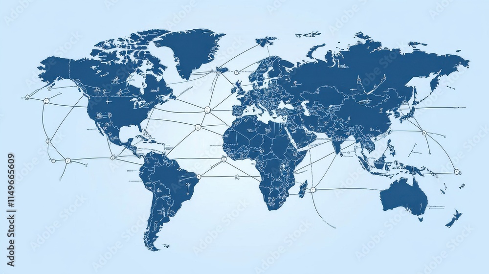Poster a detailed world map highlighting global connectivity with network lines and nodes.