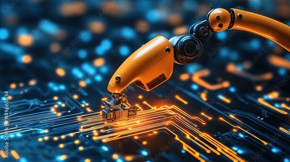 Poster robotic arm interacting with circuit board in futuristic environment