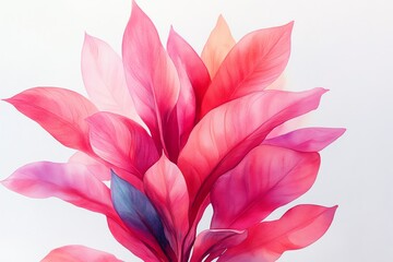 Fototapeta premium A vibrant cluster of pink and red leaves with a white background.