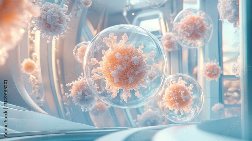 Poster artistic representation of viruses and cells in a modern setting