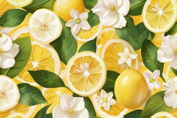 A vibrant and refreshing lemon pattern with whole and sliced lemons accompanied by green leaves, ideal for a summer-themed design project