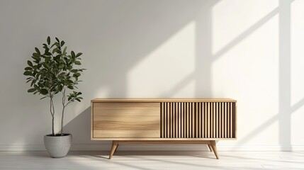 Modern minimalist wooden furniture with plant in bright interior space