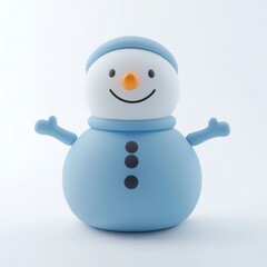 Cute blue snowman figure in a cheerful pose against a plain background