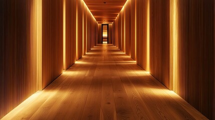 Serene Wooden Corridor with Ambient Lighting in Modern Design