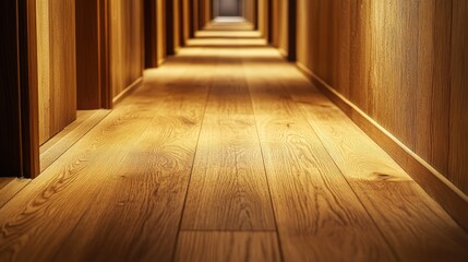 Serene Wooden Corridor with Warm Lighting and Smooth Grain Texture