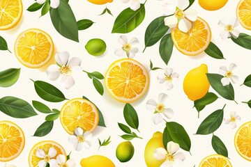 A vibrant and refreshing lemon pattern with whole and sliced lemons accompanied by green leaves, ideal for a summer-themed design project