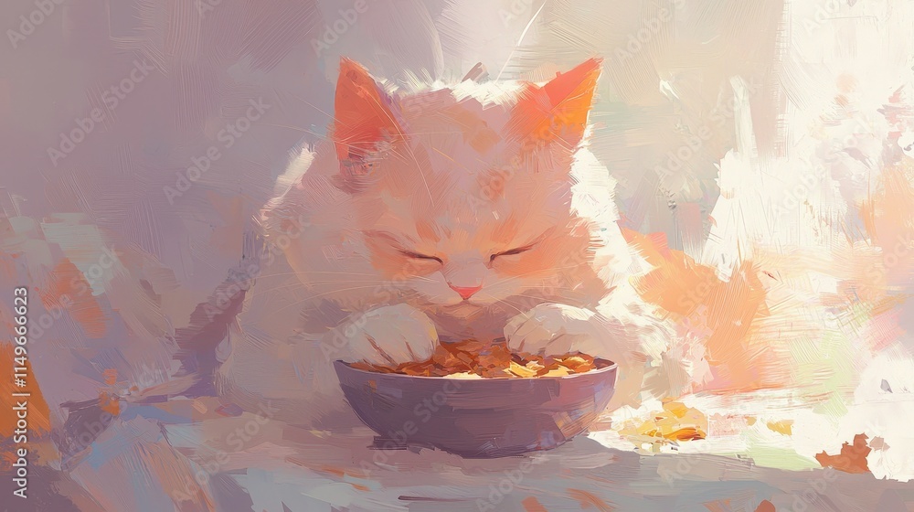 Poster soft white cat enjoys meal in sunlit room with gentle colors and warm atmosphere while sitting in co