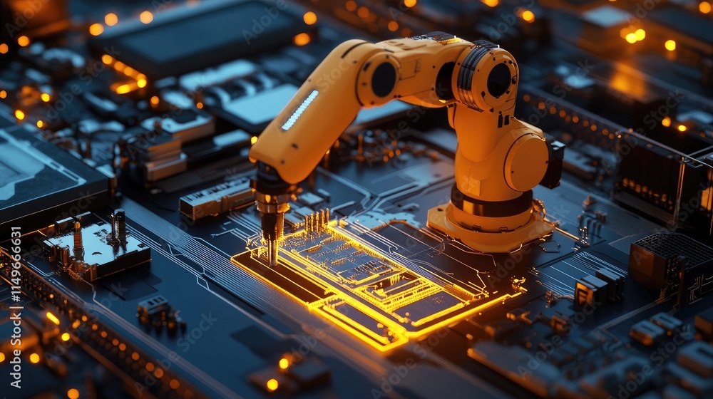 Poster robotic arm assembling circuit board in futuristic technology scene