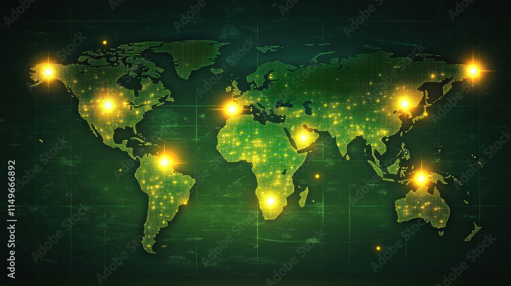 Poster a vibrant digital world map illuminated with glowing points, representing global connectivity and da