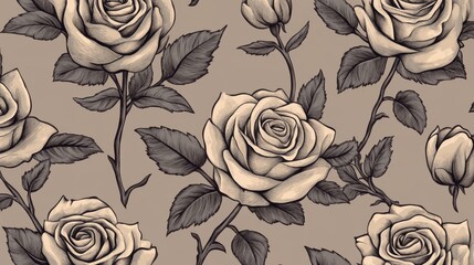 Vintage Floral Rose Pattern with Elegant Design on Neutral Background