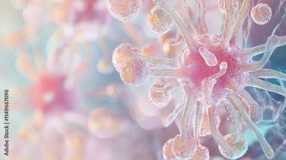 Poster close-up of colorful microscopic virus structure with detail and texture in abstract biological illu